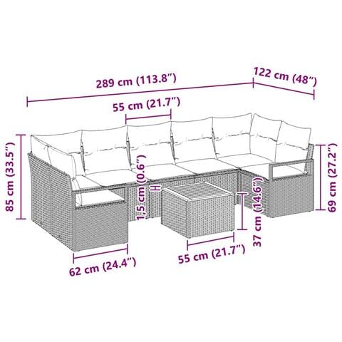 Set di divano da giardino  8 pezzi con cuscini in rattan nero ed acacia, Divano da giardino a 2 posti  con cuscini in polyrattan nero - Foto 9