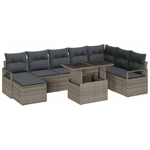 Set divani giardino  9 pezzi con cuscini grigio polyrattan, Divano giardino  2 posti con cuscini grigio polyrattan - Foto 1
