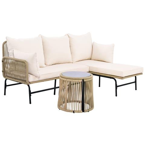 Set Di Mobili Da Giardino, Set Da Conversazione A Forma Di L Con Tavolo, Struttura In Ferro E Copricorda Beige, Da Esterno, Beige - Foto 2