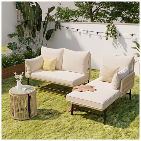Set Di Mobili Da Giardino, Set Da Conversazione A Forma Di L Con Tavolo, Struttura In Ferro E Copricorda Beige, Da Esterno, Beige - Foto 1