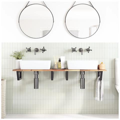 Ripiano A Parete Per Lavabo In Acciaio E Massello Di Acacia - Foto 2