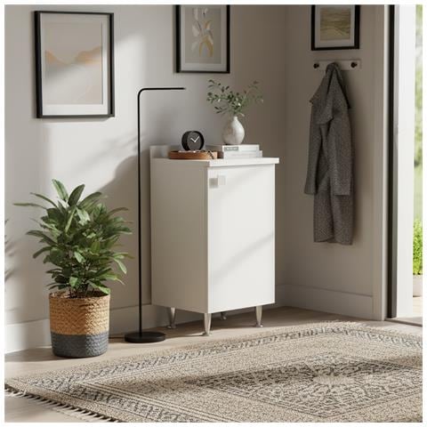 Mobiletto Con Alzatina Bianco | Mobile Multiuso Con Piedini In Metallo E Ripiano Regolabile | Già Assemblato Per Bagno, Lavanderia, Cucina E Ingresso - Foto 4