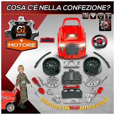 Officina Camion Giocattolo Con Motore E 61 Accessori Per Bambini 3-5 Anni, Ruote E Maniglia, 40x39x47cm, Rosso - Foto 6