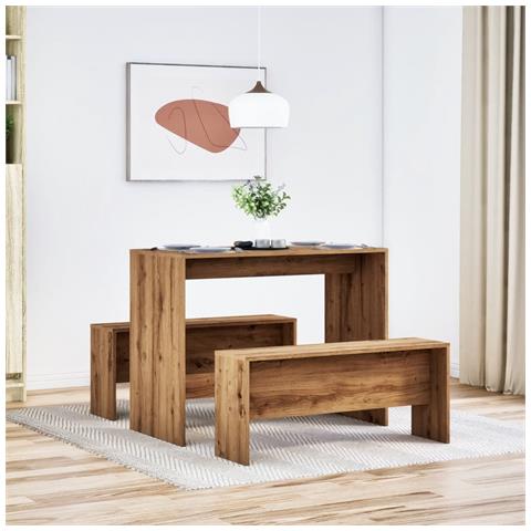 Set Tavolo Da Pranzo E Panche 3pz Rovere Artigianale Truciolato - Foto 3
