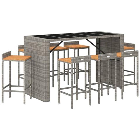 Set Bar Giardino 9pz Grigio Polyrattan E Legno Massello Acacia - Foto 3