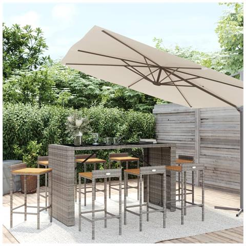 Set Bar Giardino 9pz Grigio Polyrattan E Legno Massello Acacia - Foto 1