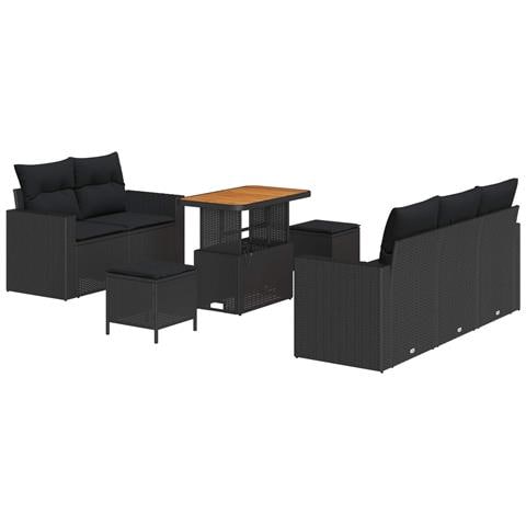 Set di Divano da Giardino 8 Pezzi con Cuscini Nero Polyrattan Acacia, Set da Pranzo giardino 3 Pezzi con Cuscini Nero Polyrattan Acacia - Foto 1