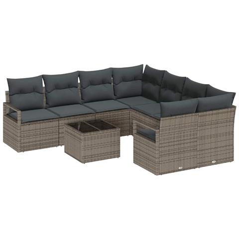 Set divani giardino  9 pezzi con cuscini grigio polyrattan, Divano giardino 2 posti  con ripostiglio e cuscini grigio polyrattan - Foto 1