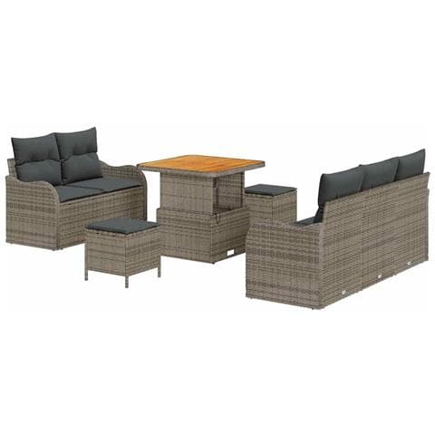 Set Divano da Giardino 8 Pezzi con Cuscini Grigio Polyrattan Acacia, Divano da Giardino 2 Posti con Cuscini Grigio Polyrattan, Set da Pranzo da Giardino 3 Pezzi con Cuscini Grigio Polyrattan Acacia - Foto 1