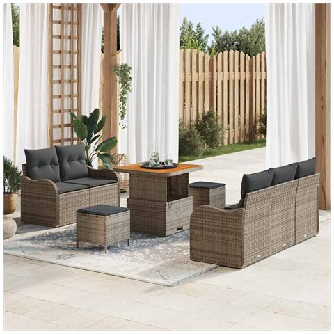 Set Divano da Giardino 8 Pezzi con Cuscini Grigio Polyrattan Acacia, Divano da Giardino 2 Posti con Cuscini Grigio Polyrattan, Set da Pranzo da Giardino 3 Pezzi con Cuscini Grigio Polyrattan Acacia - Foto 2