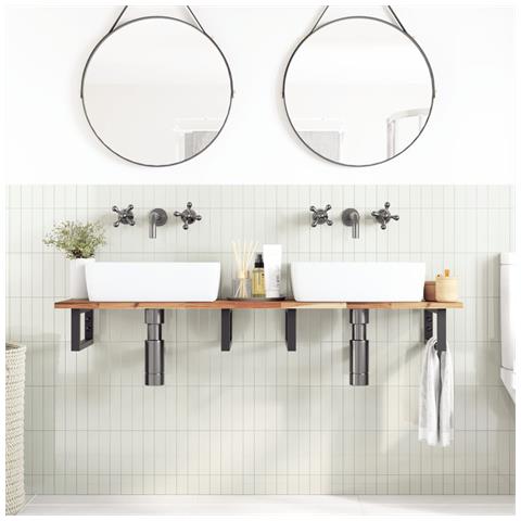 Ripiano A Parete Per Lavabo In Acciaio E Massello Di Acacia - Foto 2