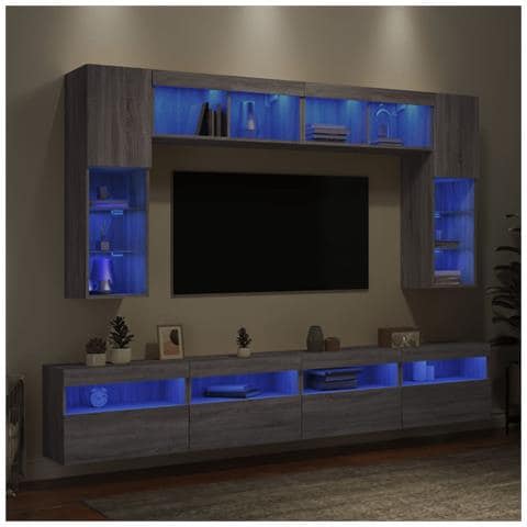Set Mobili TV a Muro 8 pz con Luci LED Grigio Sonoma - Foto 2