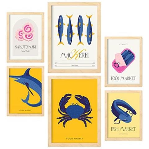 Set Di 6 Stampe Cibo E Nutrizione Frutti Di Mare Natura E Stampe Botaniche Per L'interior Design A3 & A4 Telaio In Legno Chiaro - Foto 1