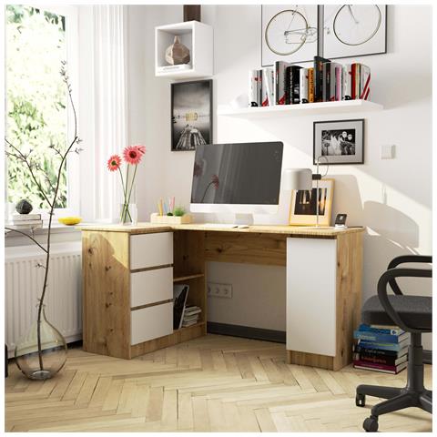 Scrivania ad angolo B20 sinistro, 1 anta e 3 cassetti, 155x85x77 cm, Colore Quercia Artisan e Bianco - Foto 4