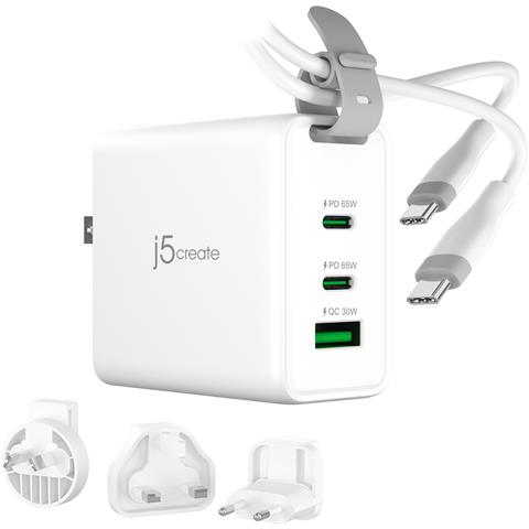 Caricatore da viaggio a 3 porte USB-C GaN da 65 W con spine CA intercambiabili e cavo USB-C - Foto 1