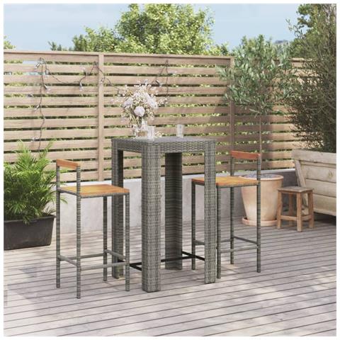 Set Bar Giardino 3pz Grigio Polyrattan E Legno Massello Acacia - Foto 1