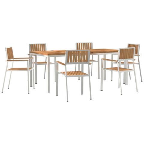 Set da Pranzo da Giardino 7 Pezzi in Legno Massello di Teak, Tavolo da Pranzo Esterno 200x90x74.5 cm in Legno Massello di Teak, Sedie da Giardino Impilabili 2 pz in Legno Massello di Teak e Metallo, Sedie da Giardino Impilabili 4 pz in Legno Massello - Foto 1