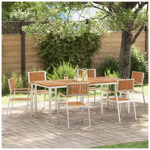 Set da Pranzo da Giardino 7 Pezzi in Legno Massello di Teak, Tavolo da Pranzo Esterno 200x90x74.5 cm in Legno Massello di Teak, Sedie da Giardino Impilabili 2 pz in Legno Massello di Teak e Metallo, Sedie da Giardino Impilabili 4 pz in Legno Massello - Foto 2