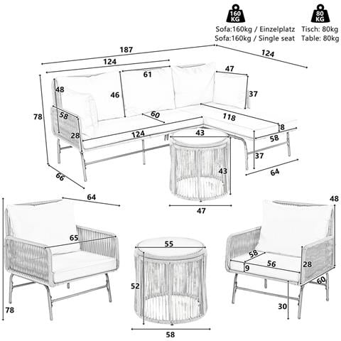 Set Salotto Da Giardino, Set Di Mobili Da Giardino, Con Struttura In Ferro E Corda Grigia, Grigio, Due Poltrone, Due Divani A 2 Posti E Due Tavoli - Foto 2
