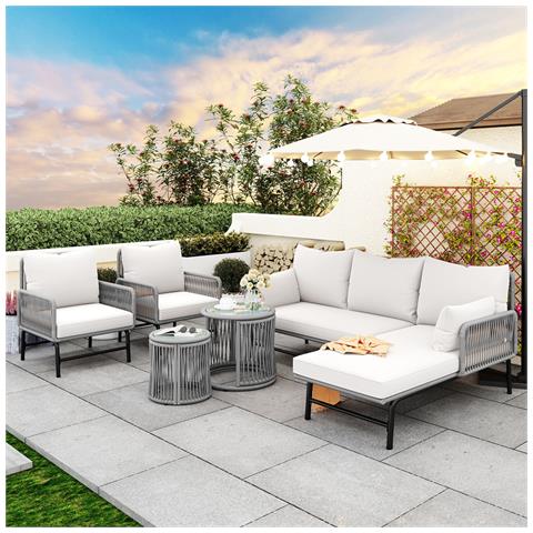 Set Salotto Da Giardino, Set Di Mobili Da Giardino, Con Struttura In Ferro E Corda Grigia, Grigio, Due Poltrone, Due Divani A 2 Posti E Due Tavoli - Foto 1