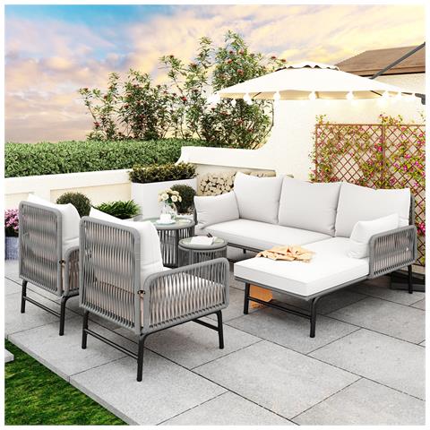Set Salotto Da Giardino, Set Di Mobili Da Giardino, Con Struttura In Ferro E Corda Grigia, Grigio, Due Poltrone, Due Divani A 2 Posti E Due Tavoli - Foto 4