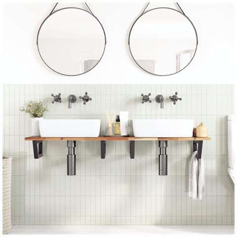 Ripiano A Parete Per Lavabo In Acciaio E Massello Di Acacia - Foto 2