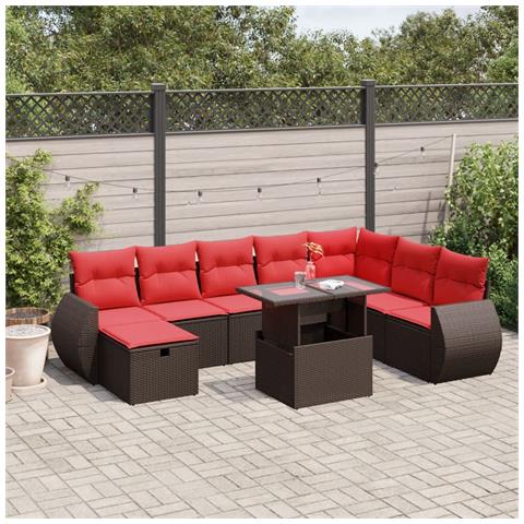 Set Divani da Giardino 9 pz con Cuscini Marrone in Polyrattan - Foto 2