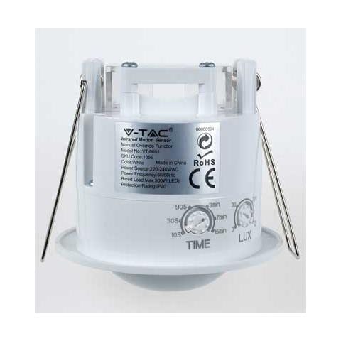 Sensore Di Movimento Infrarossi Crepuscolare Con Funzione Manual Override Montaggio Incasso A Soffitto 360° Bianco Ip20 Vt-8051 - Sku 1356 - Foto 4