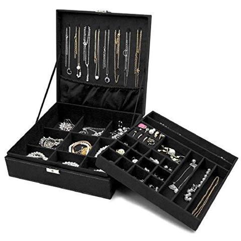 Jewellery Box Organizzatore Per La Collana Orecchini Bracciali Anelli Double Layer Impilabile Rimozione Vassoio Storage Case Monili Del Velluto Con La Collana Ganci Rimovibile Vano Per Le Donne-black - Foto 1