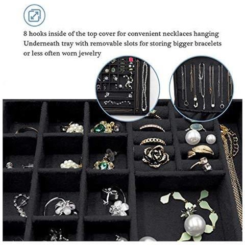 Jewellery Box Organizzatore Per La Collana Orecchini Bracciali Anelli Double Layer Impilabile Rimozione Vassoio Storage Case Monili Del Velluto Con La Collana Ganci Rimovibile Vano Per Le Donne-black - Foto 4