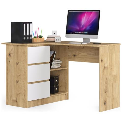 Scrivania ad angolo B16 sinistro, 3 cassetti, 124x85x77 cm, Colore Quercia Artisan e Bianco - Foto 1