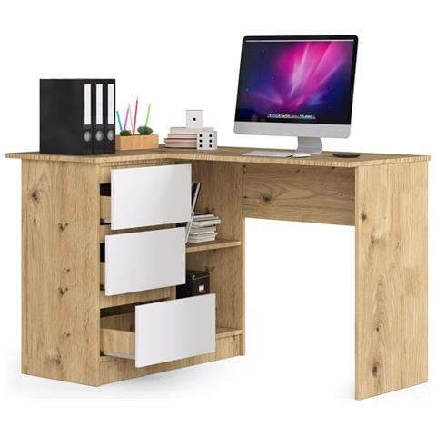 Scrivania ad angolo B16 sinistro, 3 cassetti, 124x85x77 cm, Colore Quercia Artisan e Bianco - Foto 2