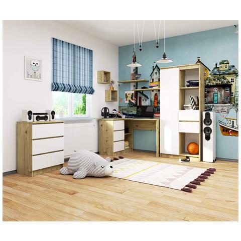 Scrivania ad angolo B16 sinistro, 3 cassetti, 124x85x77 cm, Colore Quercia Artisan e Bianco - Foto 4