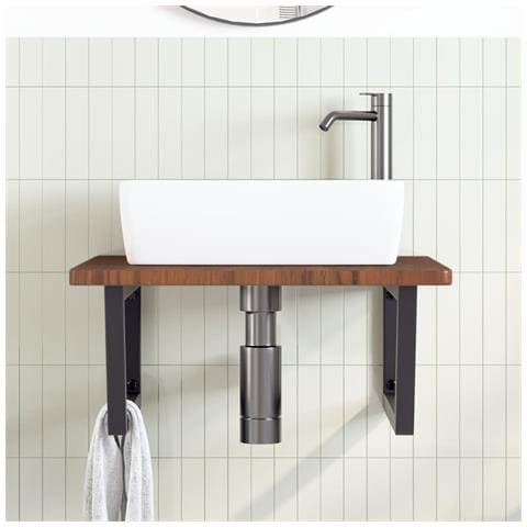Ripiano A Parete Per Lavabo In Acciaio E Massello Di Rovere - Foto 3