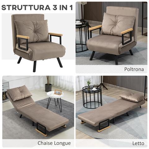 Poltrona Letto Imbottita 3 In 1 Con Schienale Reclinabile In 5 Posizioni E Cuscino, 63x73x81 Cm, Grigio - Foto 2