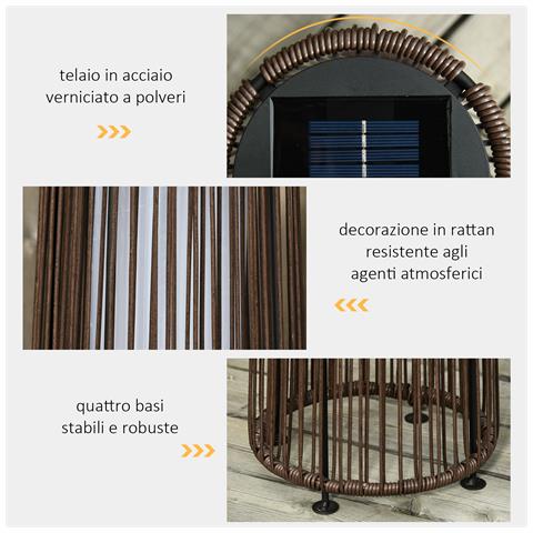 Lanterna Solare da Giardino con Luce LED in Rattan e Metallo, Ø21.5x61cm, Marrone - Foto 2