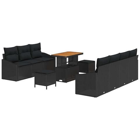 Set di Divani da Giardino 10 Pezzi con Cuscini Nero Polyrattan Acacia, Divano da Giardino a 2 posti con Ripostiglio e Cuscini Nero Polyrattan, Set di Pranzo da Giardino 3 Pezzi con Cuscini Nero Polyrattan Acacia - Foto 1