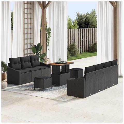 Set di Divani da Giardino 10 Pezzi con Cuscini Nero Polyrattan Acacia, Divano da Giardino a 2 posti con Ripostiglio e Cuscini Nero Polyrattan, Set di Pranzo da Giardino 3 Pezzi con Cuscini Nero Polyrattan Acacia - Foto 2
