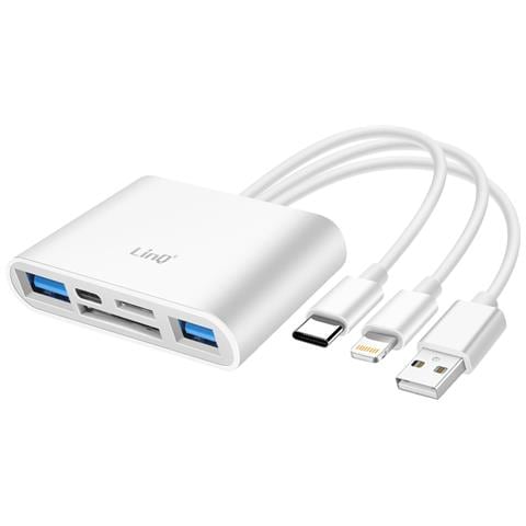 Hub 3 In 1 Lettore Schede Sd / Usb / Usb-c / Lightning, Bianco - Foto 1