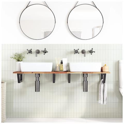 Ripiano A Parete Per Lavabo In Acciaio E Massello Di Acacia - Foto 2