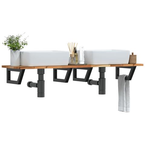 Ripiano A Parete Per Lavabo In Acciaio E Massello Di Acacia - Foto 8