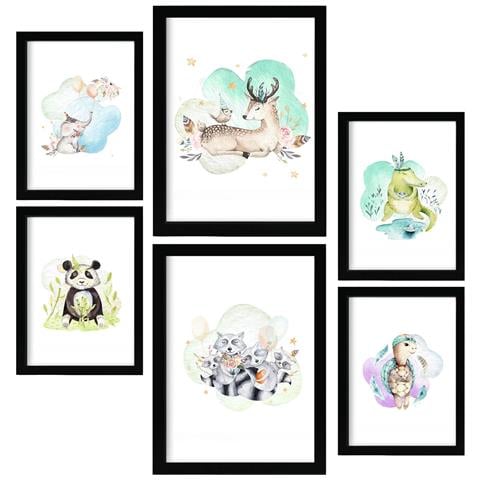 Set Di 6 Stampe Stampa Su Sfondo Bianco Con Temi Di Famiglie Di Animali In Stile Acquerello Pastello Per Design D'interni A3 & A4 Cornice Nera - Foto 1