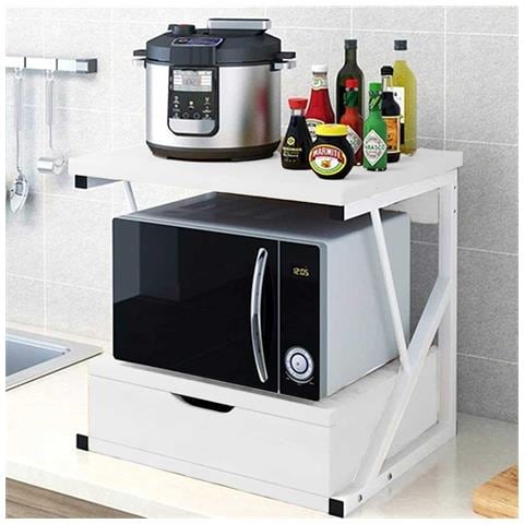 Scaffale Mensola Cucina Mobiletto Porta Microonde Cassetto Metallo Legno Bianco - Foto 1