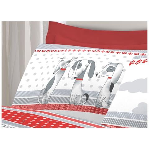 Completo Lenzuola Letto Pensieri Delicati 100% Cotone Dis. Bau Bau Singolo Rosso - Foto 2