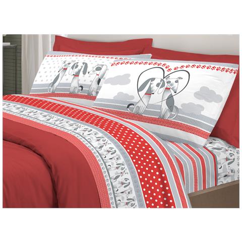 Completo Lenzuola Letto Pensieri Delicati 100% Cotone Dis. Bau Bau Singolo Rosso - Foto 1