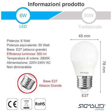 Pack 6 Pezzi Lampadina Led E27 6w (equivalente 50w) - Luce Bianca Calda 2800k - 480 Lumen - Classe Energetica A+ - Attacco Grande E27 - Mini Globo G45 - 45x78mm - Foto 5
