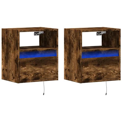 Comodini A Parete Con Luci Led 2 Pz Rovere Fumo - Foto 3