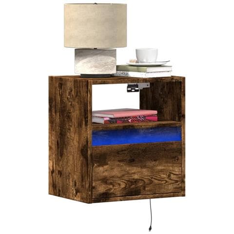 Comodini A Parete Con Luci Led 2 Pz Rovere Fumo - Foto 1