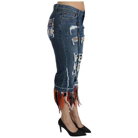 Jeans Cropped In Cotone A Vita Bassa Con Piume Blu - It40-s - Foto 2