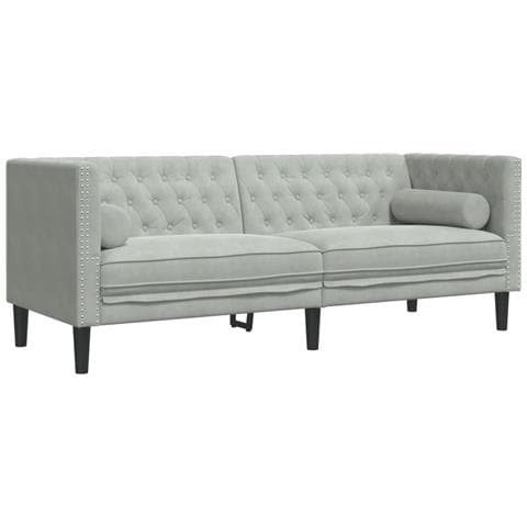 Divano Chesterfield Con Rinforzi 3 Posti Grigio Chiaro Velluto - Foto 2